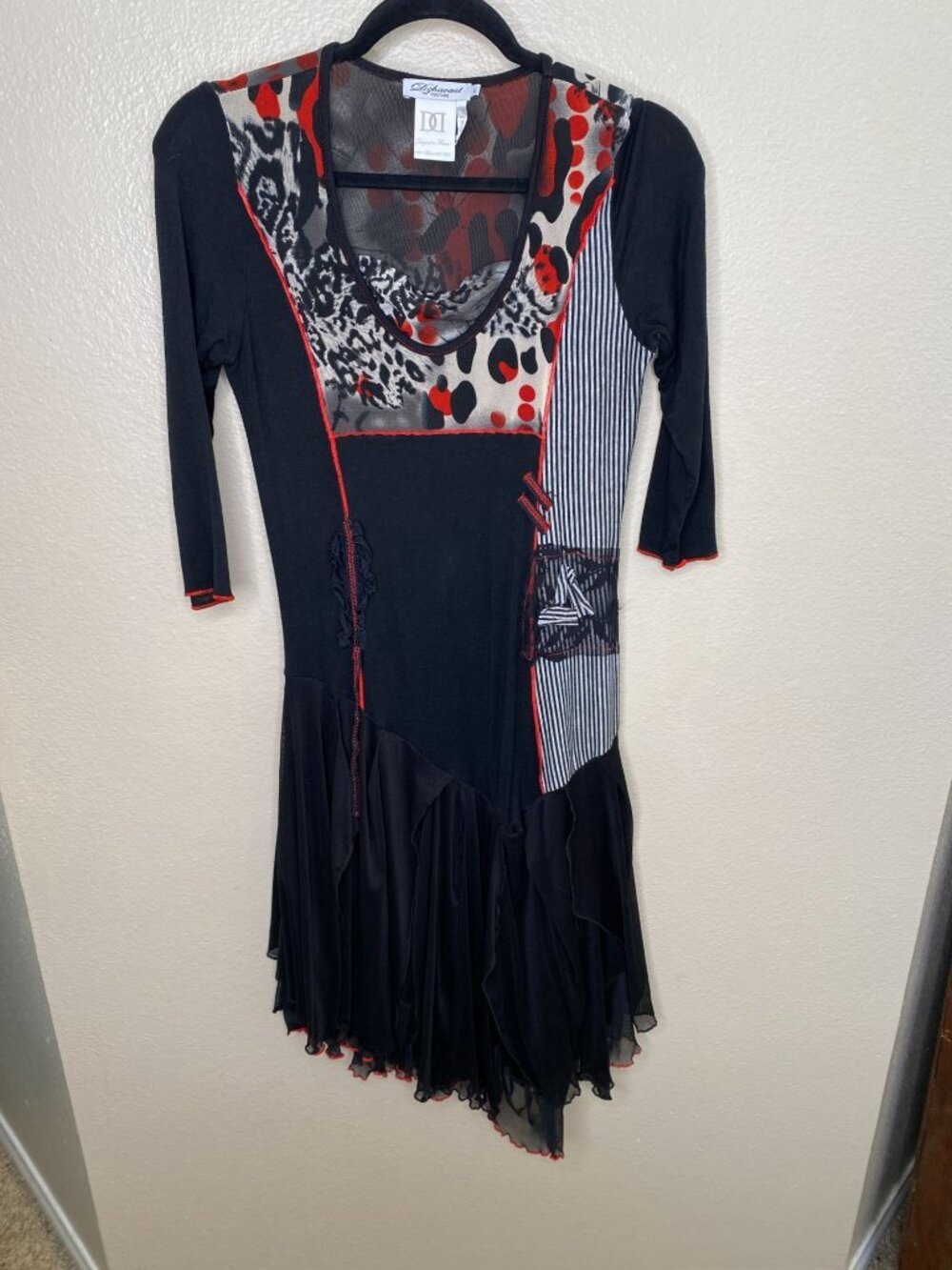 Dzhaavel Couture Black Patchwork Dress L Sheer Mesh Details 3/4 Sleeves